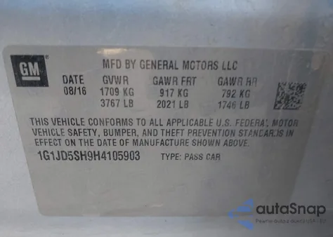 2017 Chevrolet Sonic Lt Auto из США, поврежденный, VIN 1G1JD5SH9H4105903